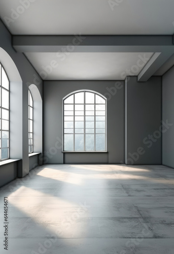 Empty gray room interior with windows in modern office.