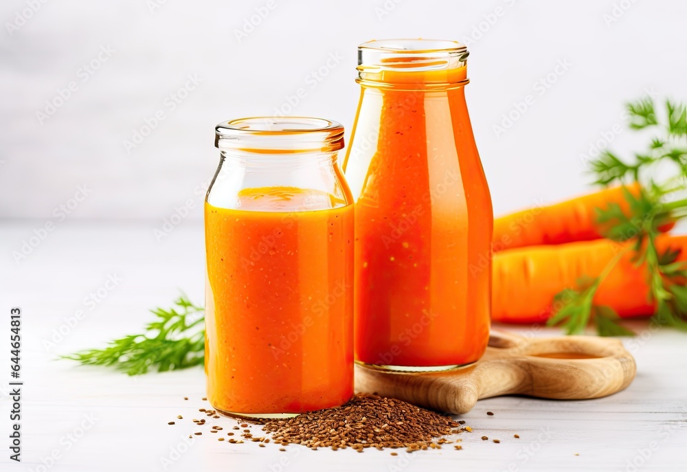 Carrot juice with flax seeds in glass bottles Carrot juice with flax seeds in glass bottles