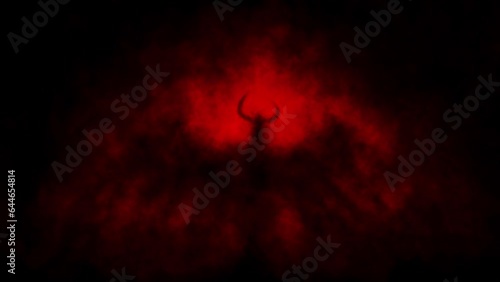 Horned demon stands inside gloom  2D animation. Spooky dark angel. Mysterious light inside murk. Horror fantasy genre. Scary character from nightmares. Creepy video clip. Red and black background.