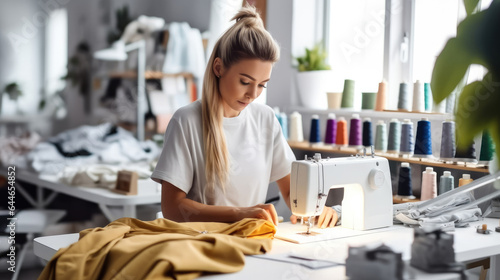 Female fashion designer using sewing machine in workshop