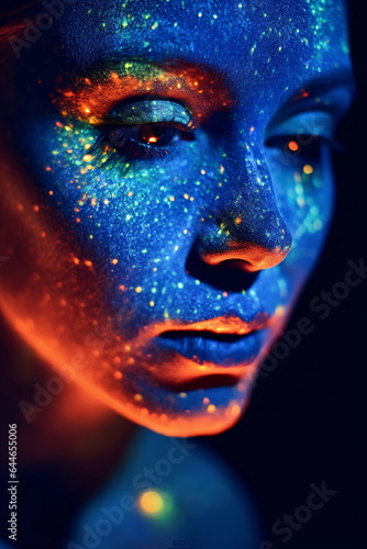 Woman with Fluorescent Makeup and Glowing Face Paint AI Generated