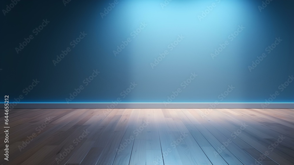 Blue empty wall and wooden floor with light glare. Interior background for the presentation. generative AI Blue empty wall and wooden floor with light glare. Interior background for the presentation. generative AI