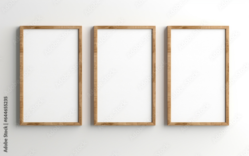 three wooden frame on white wall, frame mockup, 3d render three wooden frame on white wall, frame mockup, 3d render