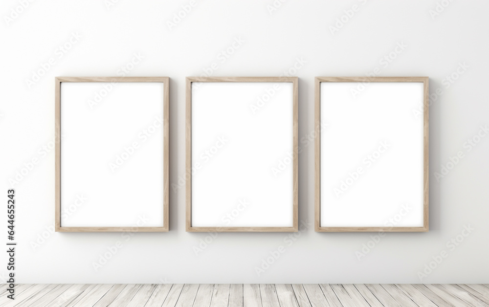 three wooden frame on white wall, frame mockup, 3d render three wooden frame on white wall, frame mockup, 3d render