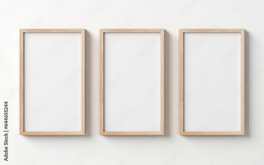 three wooden frame on white wall, frame mockup, 3d render three wooden frame on white wall, frame mockup, 3d render