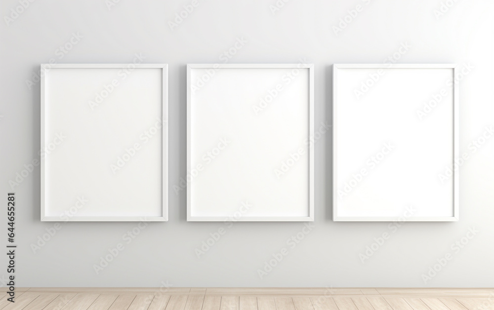 three wooden frame on white wall, frame mockup, 3d render three wooden frame on white wall, frame mockup, 3d render
