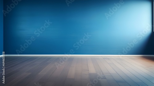 Blue empty wall and wooden floor with light glare. Interior background for the presentation. generative AI