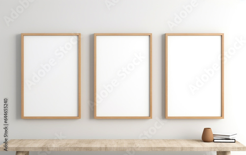 three wooden frame on white wall, frame mockup, 3d render