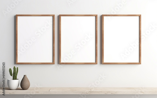 three wooden frame on white wall, frame mockup, 3d render