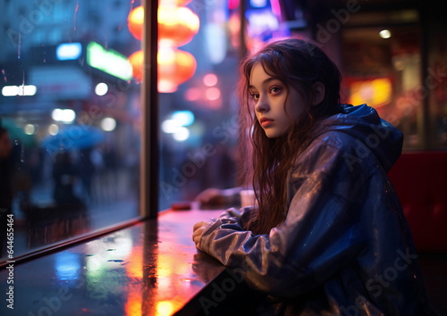 Young Girl with Neon Cityscape and Rain, Rainy Night in a Purple-Blue City, AI Generated