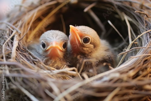 TWO BABY BIRDS INSIDE OF A NEST. © BARLOP