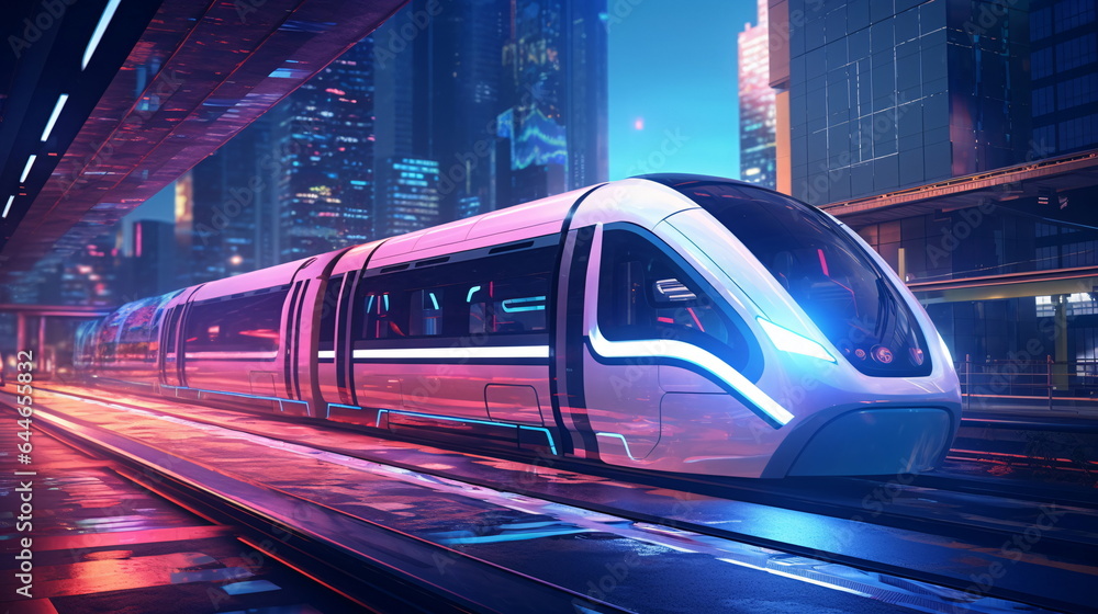 Fototapeta premium City Street with a Maglev (Magnetic Levitation) Train on style of Sci-fi Holographic Gradients Cityscape - AI Generated