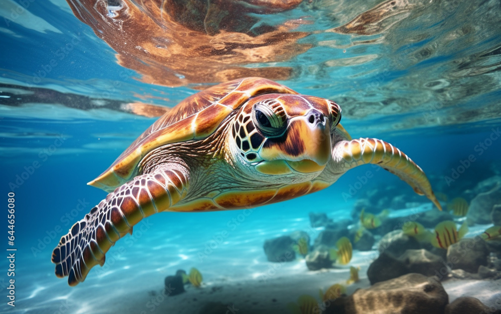 Fototapeta premium Turtle - eretmochelys imbricata floats under water. maldives indian ocean