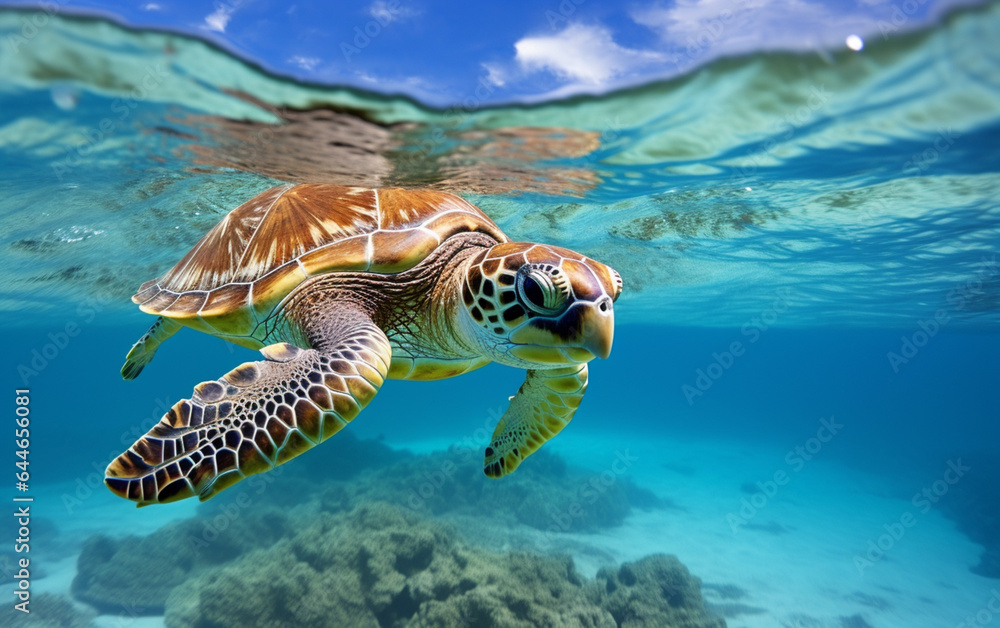 Fototapeta premium Turtle - eretmochelys imbricata floats under water. maldives indian ocean