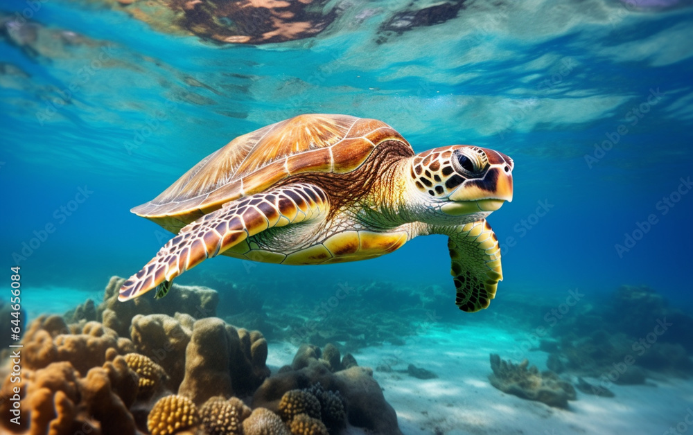 Obraz premium Turtle - eretmochelys imbricata floats under water. maldives indian ocean