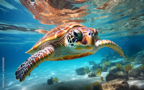 Turtle - eretmochelys imbricata floats under water. maldives indian ocean