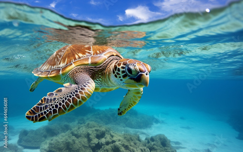 Turtle - eretmochelys imbricata floats under water. maldives indian ocean