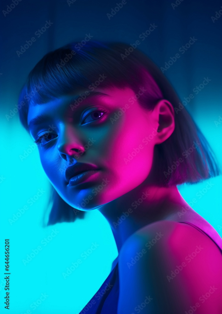 Blue Haired Woman with Colorful Bokeh Lights AI Generated