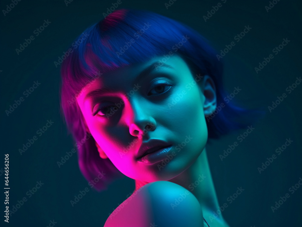 Blue Haired Woman with Colorful Bokeh Lights AI Generated Blue Haired Woman with Colorful Bokeh Lights AI Generated