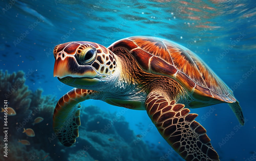 Obraz premium Turtle - eretmochelys imbricata floats under water. maldives indian ocean