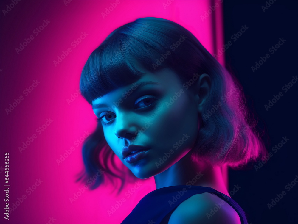 Blue Haired Woman with Colorful Bokeh Lights AI Generated Blue Haired Woman with Colorful Bokeh Lights AI Generated