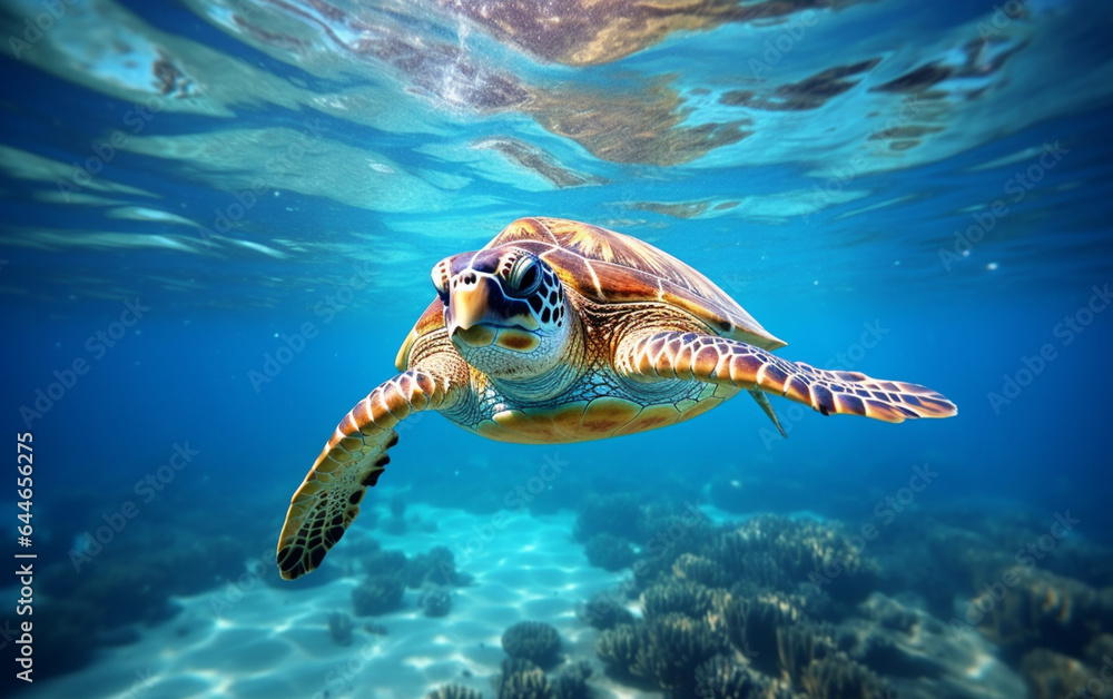 Obraz premium Turtle - eretmochelys imbricata floats under water. maldives indian ocean