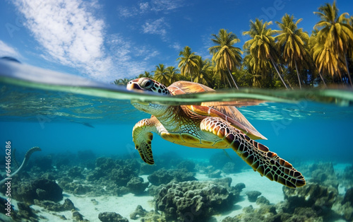 Turtle - eretmochelys imbricata floats under water. maldives indian ocean