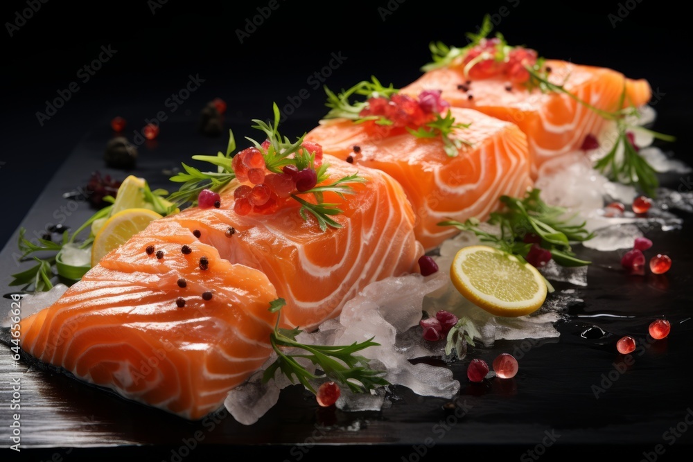 Appetizing salmon on a dark background with selective focus Appetizing salmon on a dark background with selective focus
