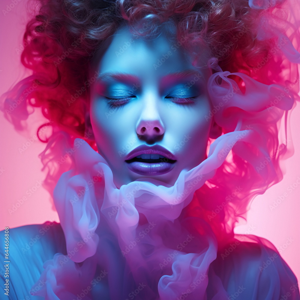 eon-Infused Digitalism: Woman with Bioluminescent Paint and Lips AI Generated
