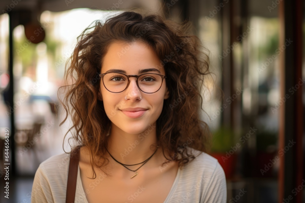 Smiling young brunette posing at a beautiful city wearing eyeglasses looking at the camera Smiling young brunette posing at a beautiful city wearing eyeglasses looking at the camera