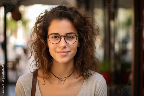 Smiling young brunette posing at a beautiful city wearing eyeglasses looking at the camera