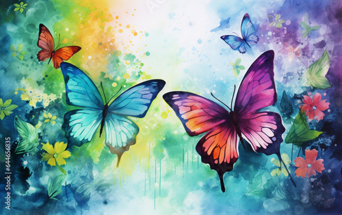 Watercolor colorful background with butterflies