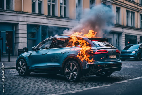 electric new ev car suv burning in flames as batteries exploded illustration
