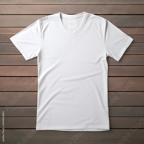 plain white v-neck t-shirt with wood background (ai generated) 