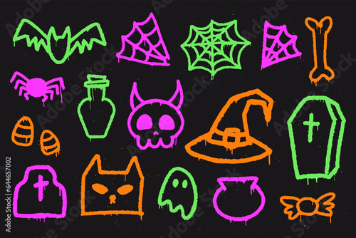 Halloween neon graffiti set. Trendy Y2K urban street style. Splash effects and drops. Grunge and spray texture. Collection of symbols, ghost, cat, witch hat, bat, spider web, skull, bone, candy, pot.