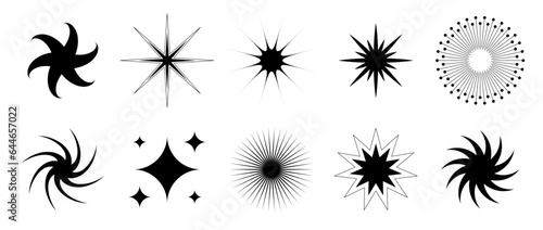 Black blinks and twinkles collection. Different retro bling stars set. Abstract starburst shine effect pack. Design elements for poster, banner, tag, card, icon, label, collage, sticker. Vector bundle