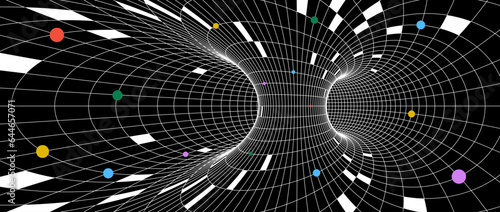 Abstract tunnel wireframe structure. Colorful geometric universe or space grid wallpaper. Futuristic energy lines on dark background. Funnel or vortex texture for banner or poster. Vector concept
