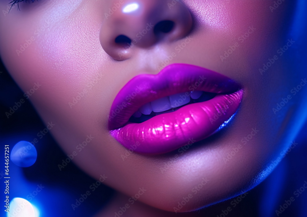 Obraz premium Violet Bioluminescence in Exotic Fashion Photography of Womans Face - AI Generated