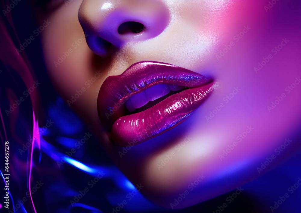Obraz premium Violet Bioluminescence in Exotic Fashion Photography of Womans Face - AI Generated