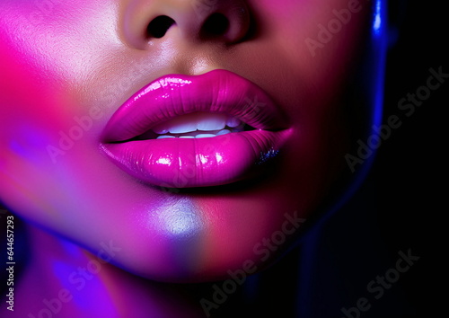Violet Bioluminescence in Exotic Fashion Photography of Womans Face - AI Generated