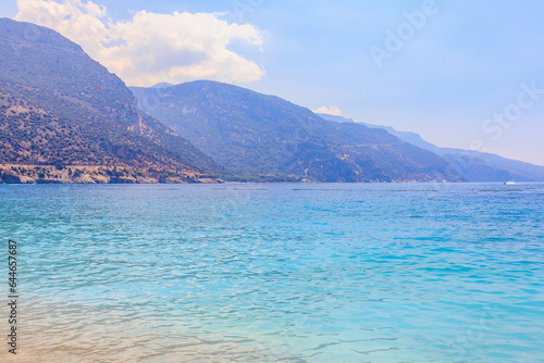 View of the mountains and the sea from Oludeniz beach  the blue lagoon. The cleanest beach with blue flag. Background