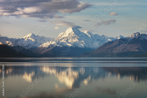 Lake at sunset surrounded by snow capped mountains