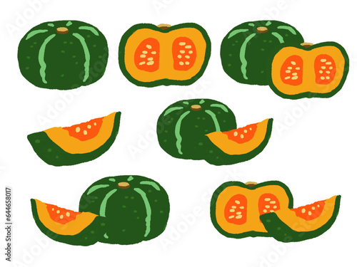 かぼちゃと断面の手描き風イラストセット