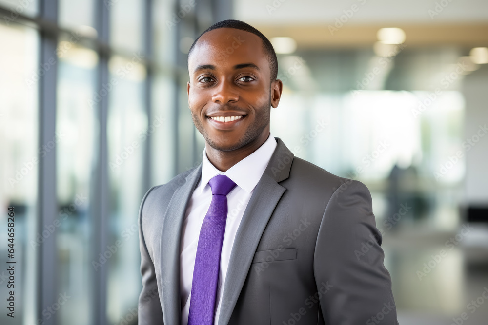 handsome young African American businessman standing in office.