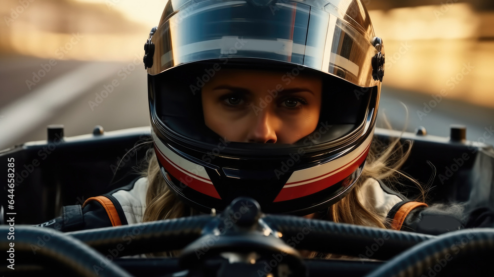 Female race car driver wearing helmet are driving auto on the track. Female race car driver wearing helmet are driving auto on the track.