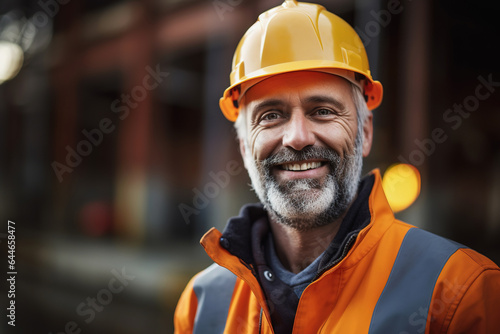 Middle aged male builder worker in hard hat, man at construction site