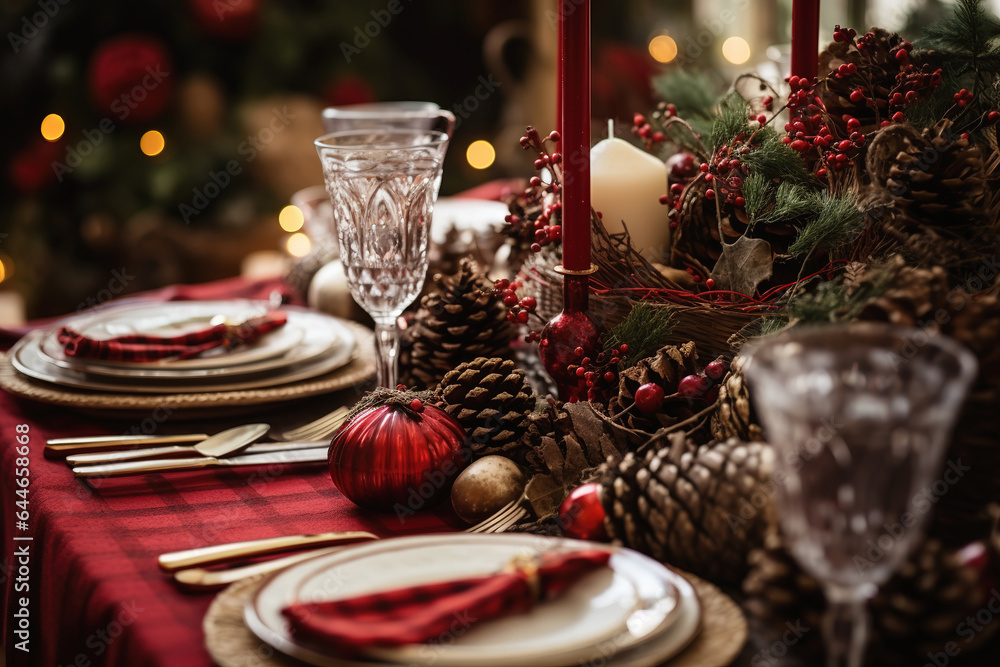 Christmas table setting with festive decor for party