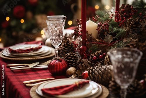 Christmas table setting with festive decor for party