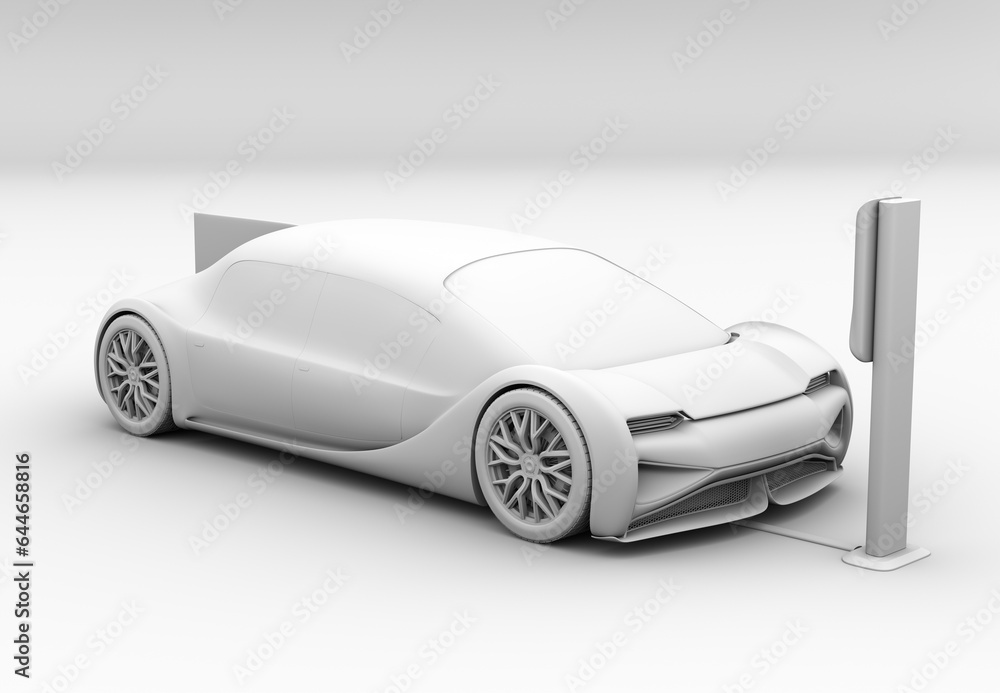 Clay rendering of Futuristic Electric Car charging in wireless charging station. Generic design. 3D rendering image. Clay rendering of Futuristic Electric Car charging in wireless charging station. Generic design. 3D rendering image.