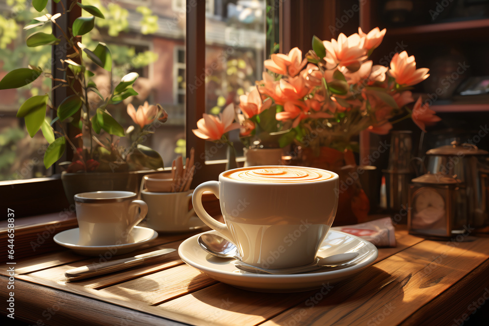 Two cups of coffee on the table of a coffee shop Two cups of coffee on the table of a coffee shop